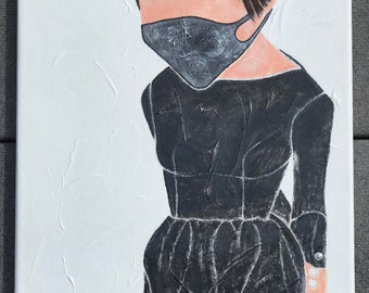 Portrait of a Girl in Face Mask Painting of Girl in Little Black Dress