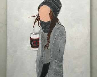 Girl with Coffee Painting Portrait of Girl with Coffee Red and Black Plaid Coffee Sleeve Cozy Winter Painting