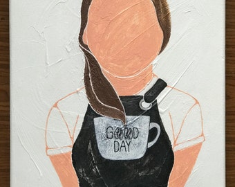 But First Coffee Art Portrait of Girl with Coffee Painting Good Day Mug Coffee Barista Painting