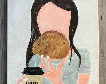 Croissant and Coffee Art Haute Couture Painting Food and Fashion Blue Gray Decor Stylish Holiday Gift Croissant Painting White Kitchen