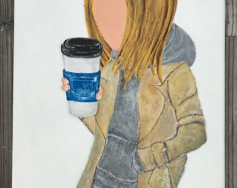 Jeans and Coffee Painting Portrait of Girl with Coffee Denim Coffee Cup Cozy Winter Painting