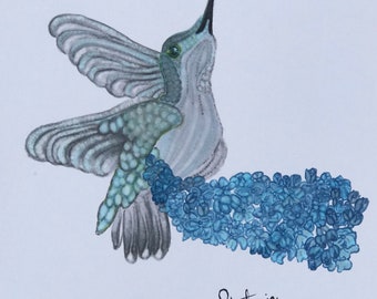 SALE Blue and Grey Hummingbird with flowers original marker drawing 8.5x11 inch on white cardstock paper Blue Butterfly Bush Blue Flowers