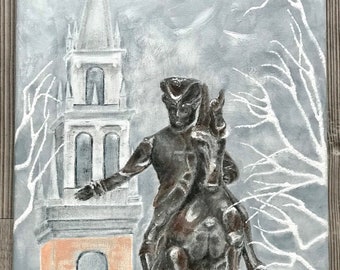 Acrylic Portrait of Paul Revere Statue in Front of Boston Old North Church New England Landmark