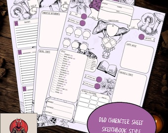 Ficha de Personagem de D&D para Imprimir: Estilo Caderno de Esboços do Plano das Fadas (Download em PDF A4)