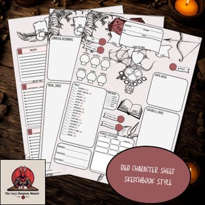 Printable D&D Character Sheet – Sketchbook Style Gothic Red – A4 PDF Download – Custom Fantasy RPG Sheet – TTRPG Tabletop Accessory
