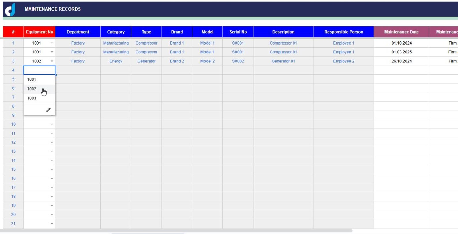 Equipment Maintenance Tracker: Google Sheets Template (digital Download ...