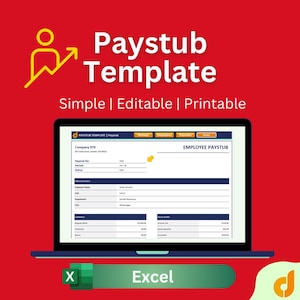 Puede incluir: Una computadora portátil muestra una plantilla de recibo de pago con el texto "Paystub Template" y "Simple | Editable | Printable." La pantalla muestra un recibo de pago de empleado con campos para información de la empresa, detalles del empleado, ganancias y deducciones. El logotipo de Excel es visible.