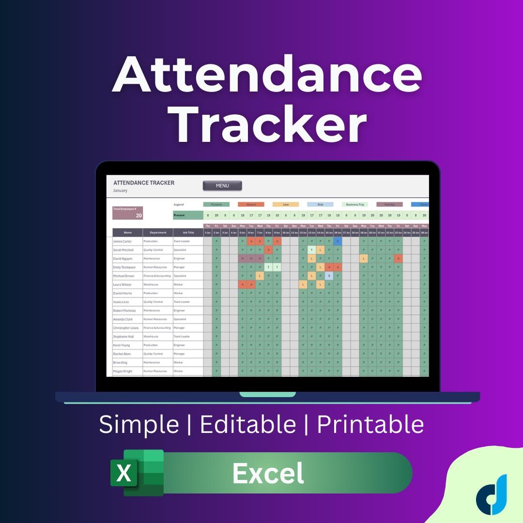 Employee Attendance Tracker | Excel Spreadsheet | HR Template | Monthly ...