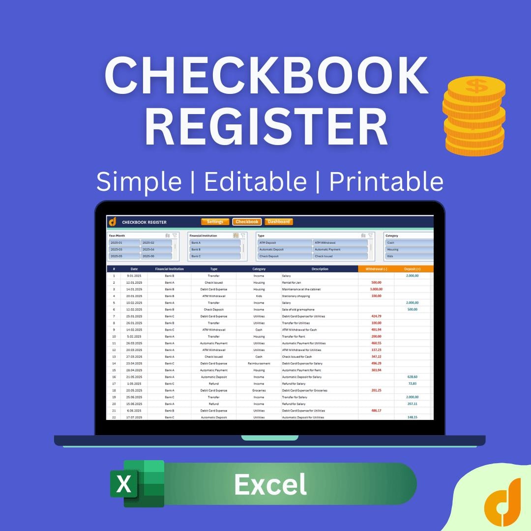 Checkbook Register Excel Template | Digital Bank Account Tracker ...