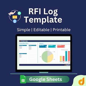May include: A digital display shows an RFI Log Template with the text "Simple | Editable | Printable." The screen displays a dashboard with charts and data, including "Total RFI," "Closed RFI," and "Open RFI." The Google Sheets logo is at the bottom.
