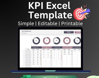 Könnte beinhalten: Ein Laptop-Bildschirm zeigt eine KPI Excel-Vorlage mit dem Text "Simple | Editable | Printable". Der Bildschirm zeigt eine Datentabelle mit Diagrammen und Grafiken. Das Wort "Excel" und das Excel-Logo befinden sich am unteren Rand des Bildes.
