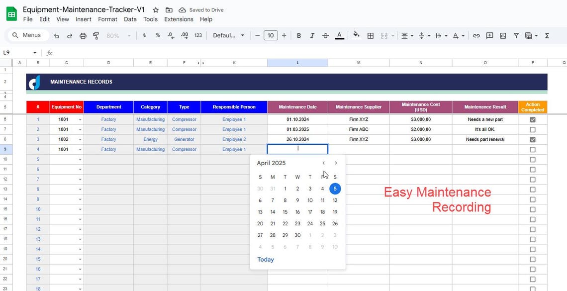 Equipment Maintenance Tracker: Google Sheets Template (digital Download ...