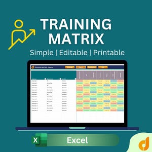 May include: A teal graphic with the words "TRAINING MATRIX" in white, and the text "Simple | Editable | Printable". A laptop displays a training matrix in a spreadsheet format. The word "Excel" is at the bottom.