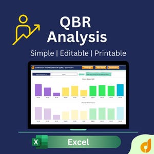 May include: A digital display shows a quarterly business review (QBR) analysis. The screen displays bar graphs with data visualization. The text on the screen reads "Simple | Editable | Printable." The Excel logo is at the bottom.