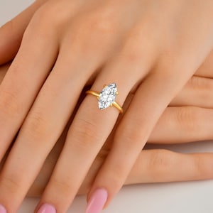 Marquise Solitaire Ring 14K Gold Plated Silver : CZ Diamond Simulant, Minimalist Promise Ring