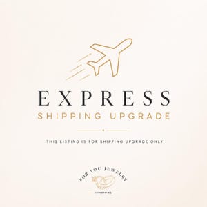 Könnte beinhalten: Eine Grafik mit einem goldenen Flugzeugsymbol und Bewegungslinien über dem schwarzen Text EXPRESS und dem goldenen Text SHIPPING UPGRADE. Darunter steht der Text THIS LISTING IS FOR SHIPPING UPGRADE ONLY sowie ein Logo mit zwei Ringen und FOR YOU JEWELRY.