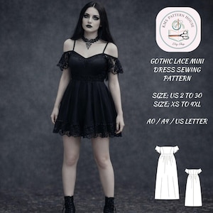 Naaipatroon gotische kant mini-jurk, donker off-shoulder (pdf-patroon)