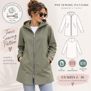 Peut inclure: Un patron de couture PDF pour une tunique sous forme de veste à capuche avec une fermeture éclair frontale intégrale et deux poches latérales. Le design inclut des dessins techniques de face et de dos, tailles US 2-30 en fichiers séparés.