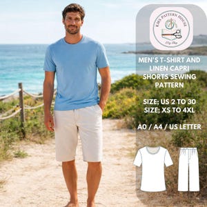 May include: A man wearing a light blue t-shirt and beige capri shorts stands on a sandy path near the ocean. The image includes a sewing pattern graphic with text: "MEN'S T-SHIRT AND LINEN CAPRI SHORTS SEWING PATTERN".