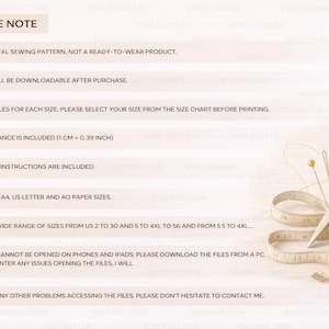 May include: A digital sewing pattern image with text that reads "PLEASE NOTE". The image includes sewing tools: gold scissors, a measuring tape, a spool of thread, a thimble, and a pin.