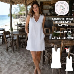 Può includere: Un abito a trapezio bianco senza maniche in lino con scollo a V e tasche laterali. L'immagine include il testo: KMS PATTERN HOUSE, LINEN SHIFT DRESS DRESS SEWING PATTERN, SIZE; XS TO 4XL, A0 / A4 / US LETTER, e un'icona PDF con un disegno.