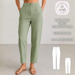 May include: Sage green ankle pants with a high waist, front pleats, and side pockets. Text reads: KMS PATTERN HOUSE, LINEN ANKLE PANTS SEWING PATTERN, SIZE; XS TO 4XL, A0 / A4 / US LETTER. Includes a white line drawing of the pants front and back views.