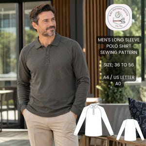 May include: A long-sleeve polo shirt with a button placket and raglan sleeves. Text reads: KMS PATTERN HOUSE, MEN'S LONG SLEEVE POLO SHIRT SEWING PATTERN, SIZE: 36 TO 56, A4 / US LETTER, A0. Includes a white line drawing of the front and back of the shirt.