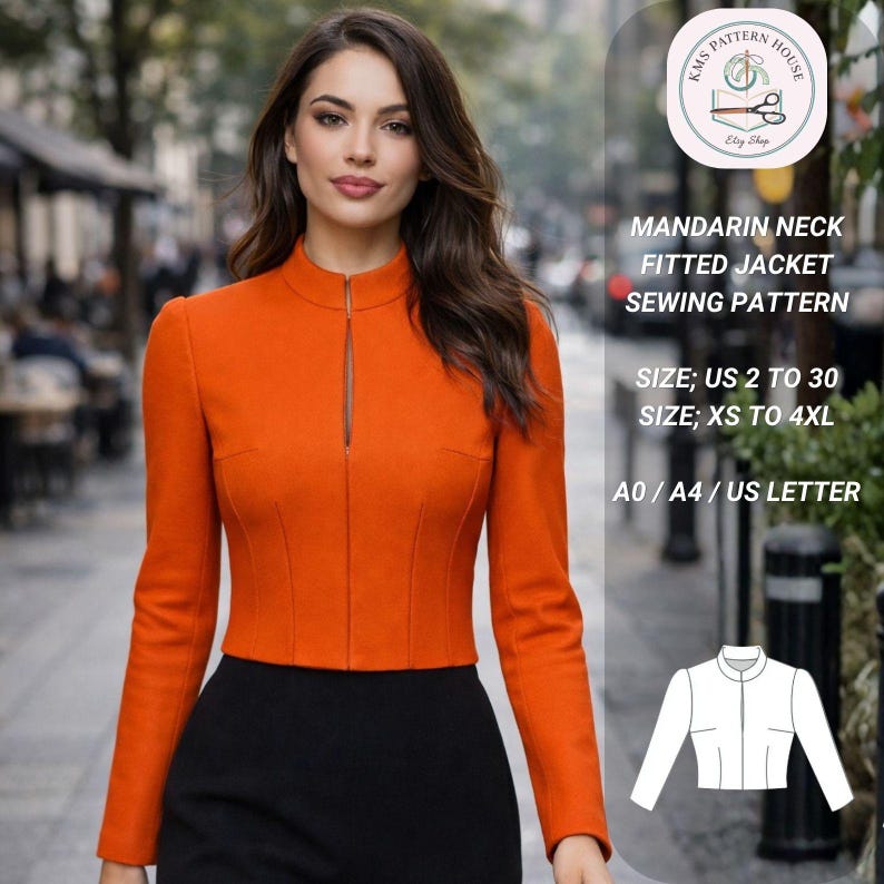 Mandarin Neck Fitted Jacket Sewing Pattern: Women's Cropped Jacket (PDF Template XS-4XL) image 1