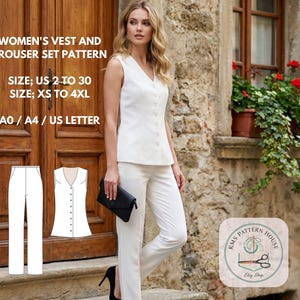 May include: A woman in a white vest and trousers, holding a black clutch. The image includes a pattern for a vest and trouser set, with size options US 2 to 30 and XS to 4XL. The text also mentions A0/A4/US LETTER.
