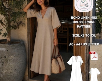 Boho Linen Midi Dress Sewing Pattern | Flared Sleeve, V-Neck, Loose Fit (PDF Download)