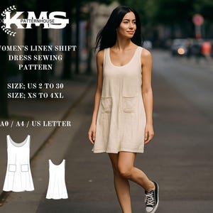 Women’s Linen Shift Dress Sewing Pattern - Easy Summer Dress with Pockets - Linen Midi Summer Dress - Strappy Dress XS-4XL