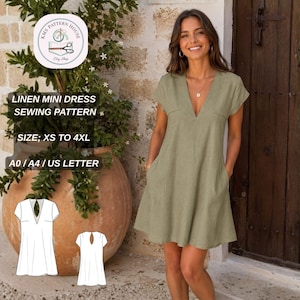 May include: A sage green linen mini dress with a deep V-neckline, short sleeves, and side pockets. Text on the image reads: KMS PATTERN HOUSE, LINEN MINI DRESS SEWING PATTERN, SIZE: XS TO 4XL, A0 / A4 / US LETTER. Includes two white line art sketches.