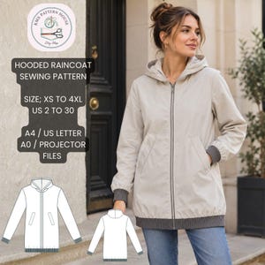 Women's Hooded Raincoat Sewing Pattern, Zip-Up Tunic Jacket (PDF Download)