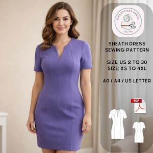 May include: A woman wearing a lavender sheath dress. The dress has a V-neck and short sleeves. The image also includes a sewing pattern with the text "SHEATH DRESS SEWING PATTERN" and size information: US 2 to 30, XS to 4XL.