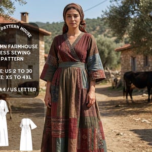 Puede incluir: Un patrón de costura de vestido Autumn Farmhouse. El vestido es un diseño de patchwork en tonos de rojo, verde y azul. El patrón incluye tallas US 2 a 30 y XS a 4XL. La imagen también muestra a una mujer que lleva el vestido.