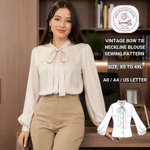 May include: A cream-colored blouse with a bow tie neckline and long sleeves. The image includes text that reads "VINTAGE BOW TIE NECKLINE BLOUSE SEWING PATTERN" and "SIZE; XS TO 4XL". A sewing pattern illustration is also visible.