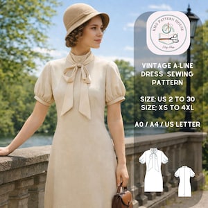 May include: A vintage A-line dress sewing pattern. The dress is a light beige color with short, puffed sleeves and a necktie. The pattern includes sizes US 2 to 30 and XS to 4XL. The image also includes a logo that says "KMS Pattern House Etsy Shop".
