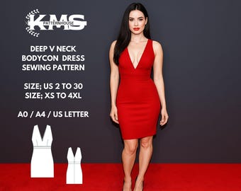 Modello di cucito per abito da cocktail aderente: scollo a V profondo, aderente - XS/4XL (download digitale)