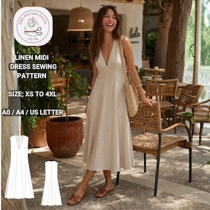 Könnte beinhalten: Eine Frau trägt ein beiges Leinen-Midikleid mit V-Ausschnitt. Das Kleid ist ärmellos und reicht bis zur Mitte der Wade. Das Bild zeigt auch ein Schnittmuster mit dem Text "LINEN MIDI DRESS SEWING PATTERN" und Größen von XS bis 4XL.