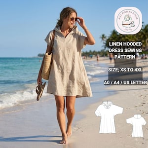 Könnte beinhalten: Ein beiges Leinenkleid mit Kapuze, kurzen Ärmeln und V-Ausschnitt. Der Text auf dem Bild lautet: KMS PATTERN HOUSE, LINEN HOODED DRESS SEWING PATTERN, SIZE: XS TO 4XL, A0 / A4 / US LETTER. Enthält eine technische Strichzeichnung des Kleides.