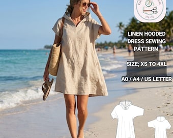 Linen Hooded Dress Sewing Pattern | Oversized Kaftan Tunic, Side Pockets (Digital Download)