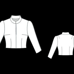 May include: White long-sleeved jacket with a stand-up collar and a front zipper. The jacket has a fitted silhouette and is shown from the front and back views. The design is a simple, clean style.
