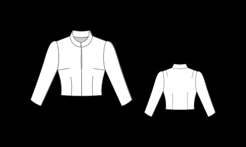 May include: White long-sleeved jacket with a stand-up collar and a front zipper. The jacket has a fitted silhouette and is shown from the front and back views. The design is a simple, clean style.