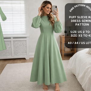 Puede incluir: Un vestido largo verde salvia con mangas abullonadas y cuello alto. El vestido presenta un corpiño entallado y una falda fluida. La imagen incluye un patrón de costura con el texto "PUFF SLEEVE MAXI DRESS SEWING PATTERN".