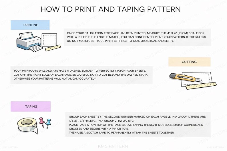 May include: Diagram illustrating how to print and tape a pattern. Includes a printer, ruler, and cutting tools. Instructions advise measuring a 4" x 4" scale box, cutting along dashed lines, and taping pages together. Text includes "Printing", "Cutting", and "Taping".