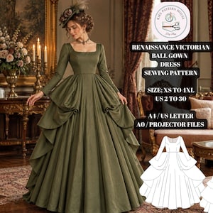 May include: A Renaissance Victorian ball gown sewing pattern featuring a long-sleeved olive green dress with a square neckline and a layered, full-length skirt. The image includes text: RENAISSANCE VICTORIAN BALL GOWN DRESS SEWING PATTERN SIZE; XS TO 4XL US 2 TO 30 A4 / US LETTER A0 / PROJECTOR FILES.