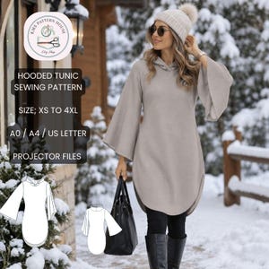 May include: A beige hooded tunic with wide bell sleeves and a curved hemline. The image includes text: KMS PATTERN HOUSE, HOODED TUNIC SEWING PATTERN, SIZE; XS TO 4XL, A0 / A4 / US LETTER, PROJECTOR FILES, and two white line-art sketches of the tunic.