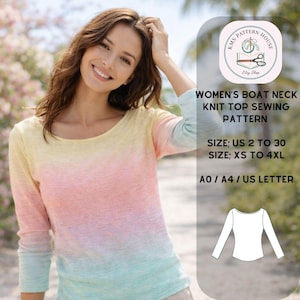 May include: A woman wearing a pastel-colored boat neck knit top. The top transitions from yellow to pink to blue. The image includes a sewing pattern graphic with text that reads "WOMEN'S BOAT NECK KNIT TOP SEWING PATTERN".