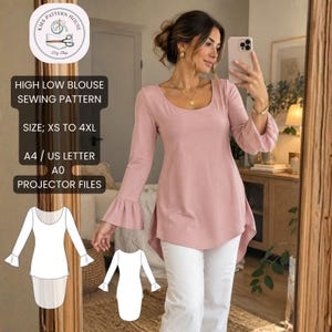 May include: A dusty pink long-sleeve blouse with a scoop neckline and flared bell cuffs. The high-low hemline is longer in the back. Text on the image reads: HIGH LOW BLOUSE SEWING PATTERN, SIZE: XS TO 4XL, A4 / US LETTER, A0, PROJECTOR FILES.