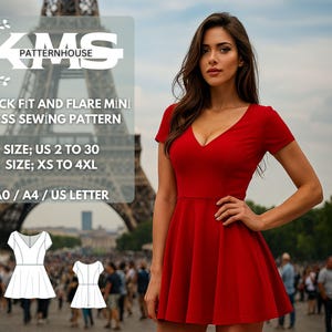 V Neck Fit and Flare Mini Dress Sewing Pattern – Short Sleeve Skater Dress, PDF Neck Dress Pattern XS/4XL